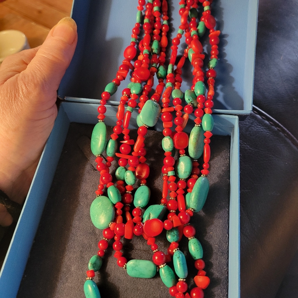 Genuine Coral, Turquoise & Silver Beaded Necklace. - Picture 5 of 6